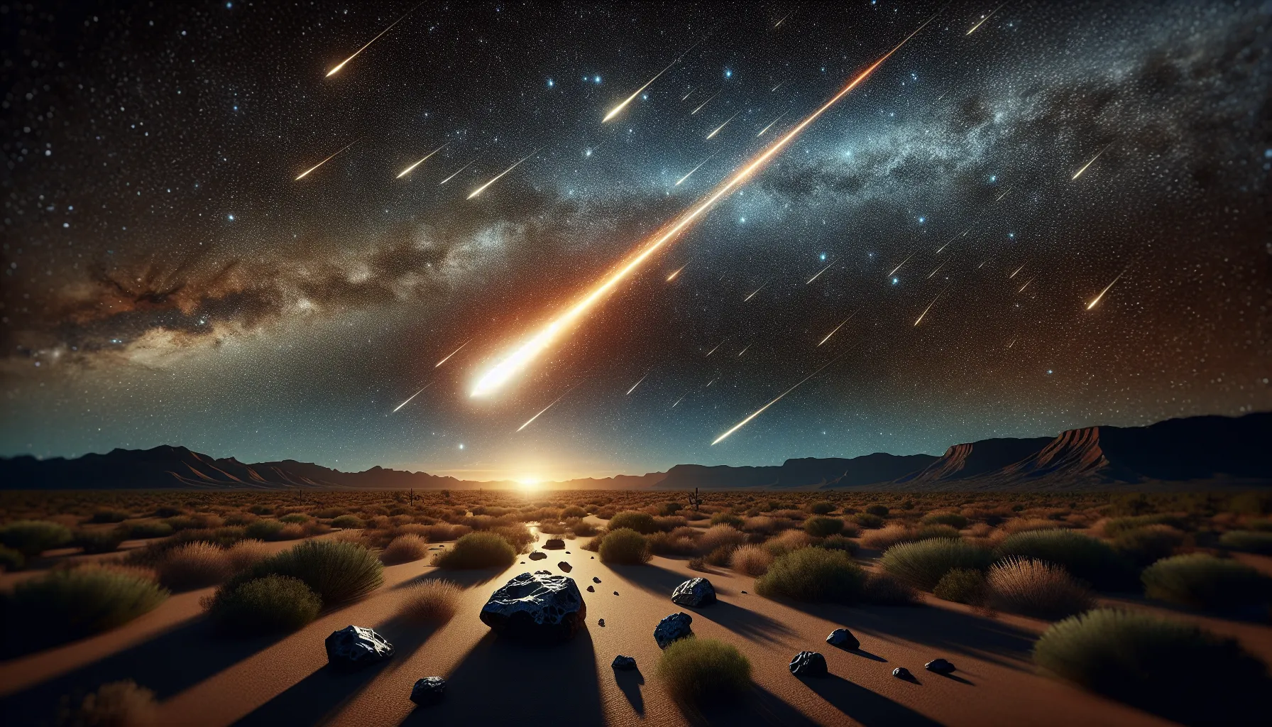 A meteor crosses the night sky over a plain with meteorite fragments.