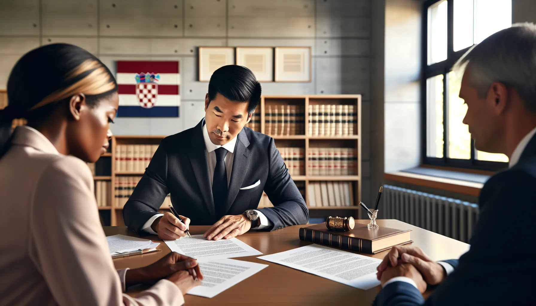 Croatian notary explaining loan documents to clients in professional office setting.