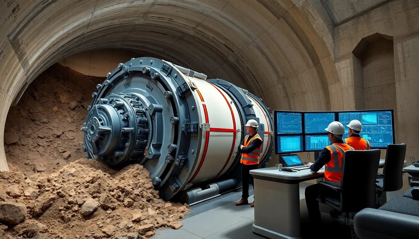 advanced Tunnel Boring Machine in action with engineers monitoring