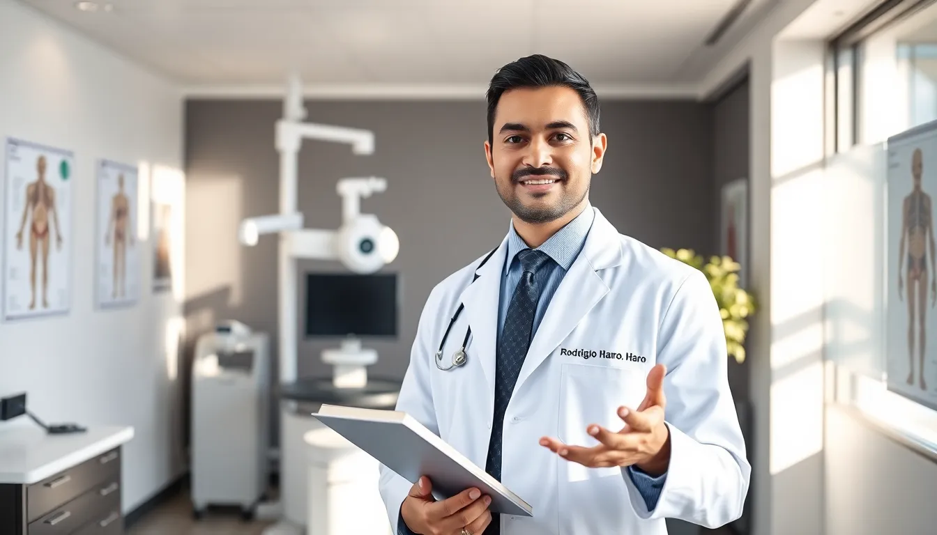 Dr. Rodrigo Haro in a modern medical office, displaying professionalism and expertise.