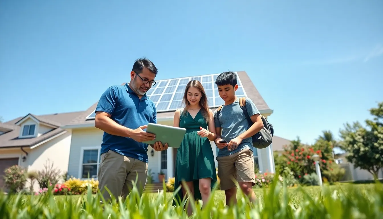 a diverse group discussing renewable energy solutions near a solar-paneled home.