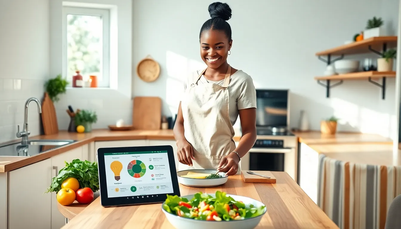 A woman preparing a healthy plant-based meal in a sunlit kitchen.