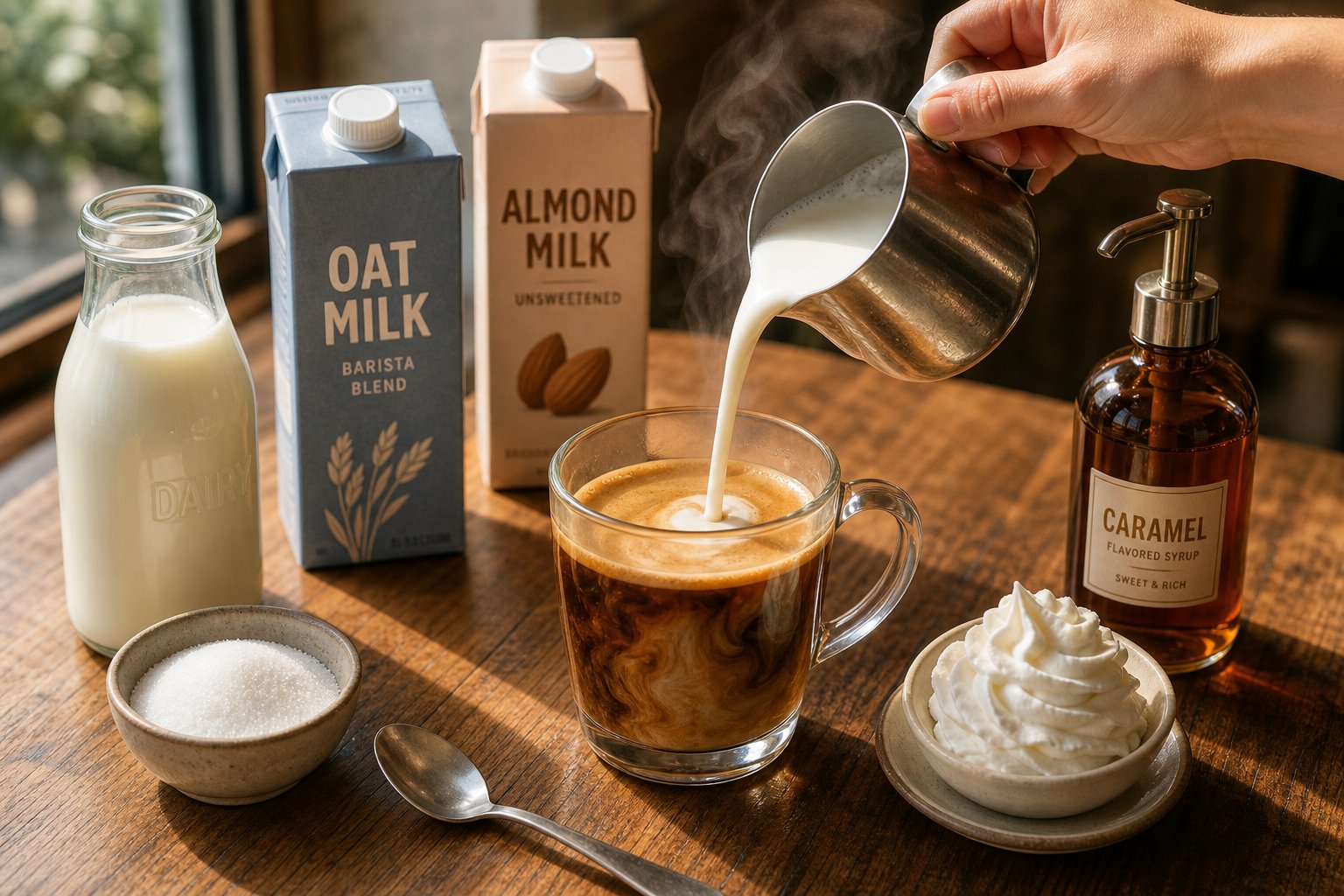 Milk being poured into coffee surrounded by sugar, syrup, cream, and milk options.