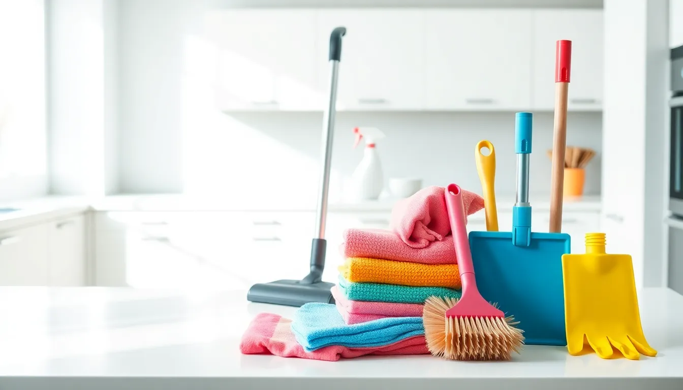 cleaning tools displayed on a countertop in a modern home setting.