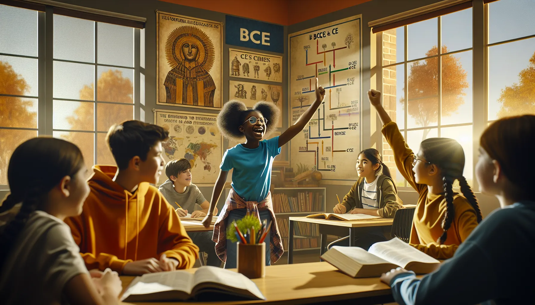 diverse students discussing BCE and CE in a bright classroom setting.