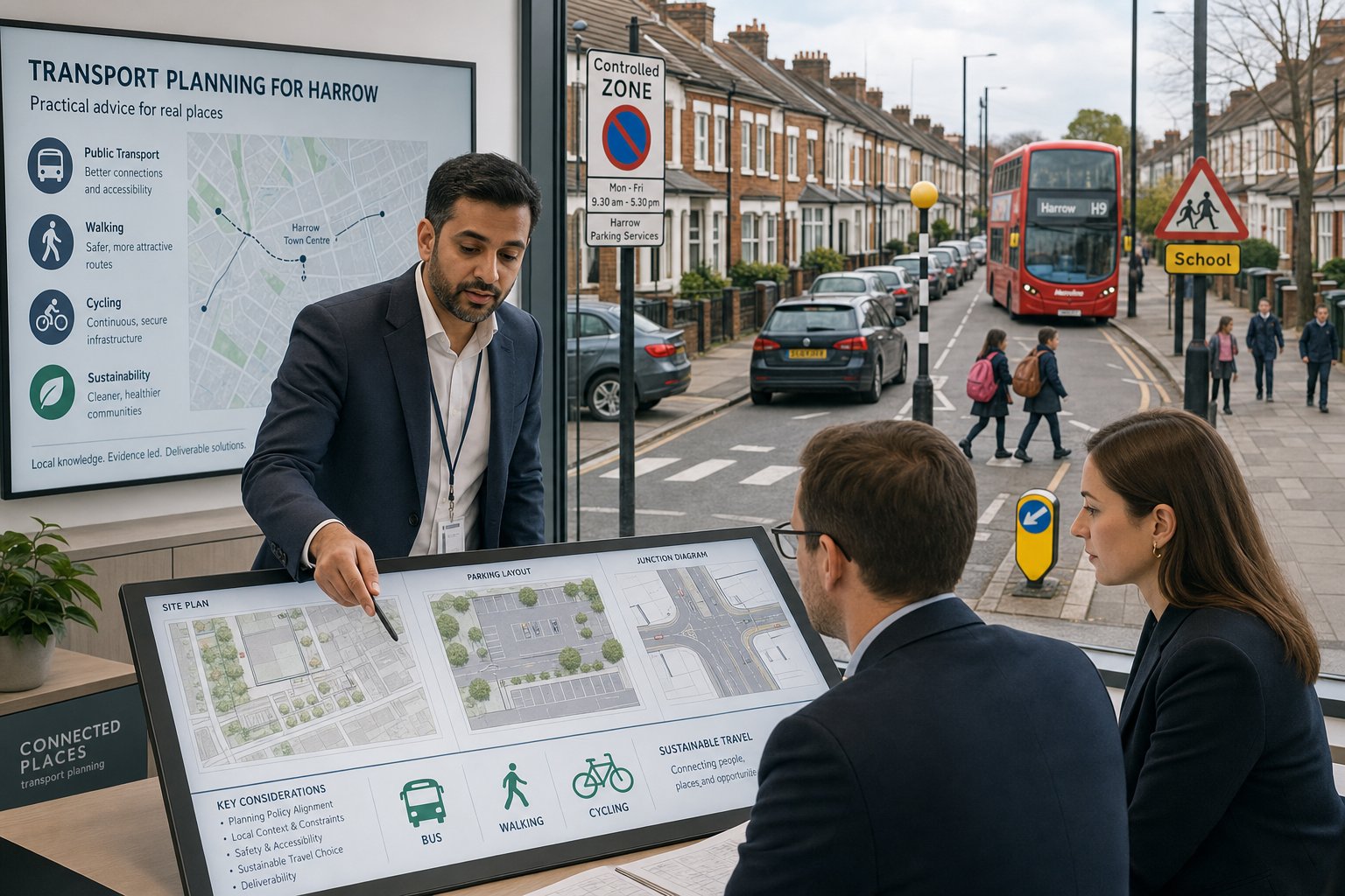 Traffic engineer reviewing Harrow street plans in a modern office.