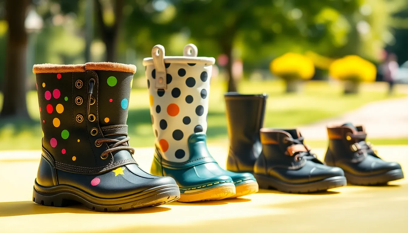 Colorful kids fashion boots displayed outdoors.