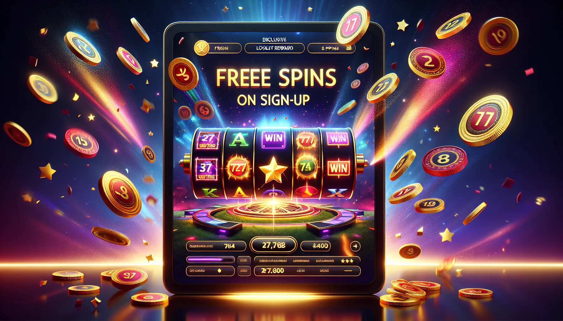 Vibrant depiction of an online casino interface with promotional elements.
