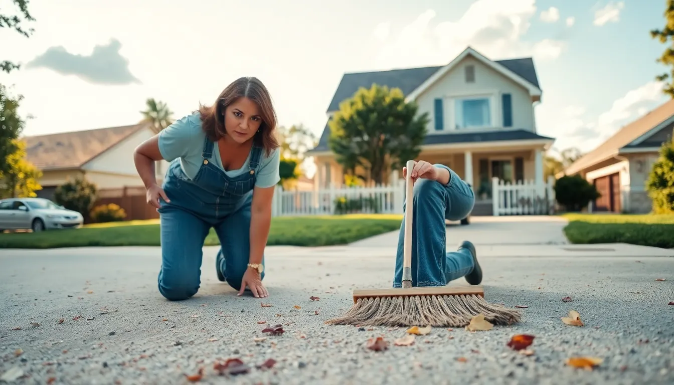 A woman sweeping dust and debris from a suburban driveway.