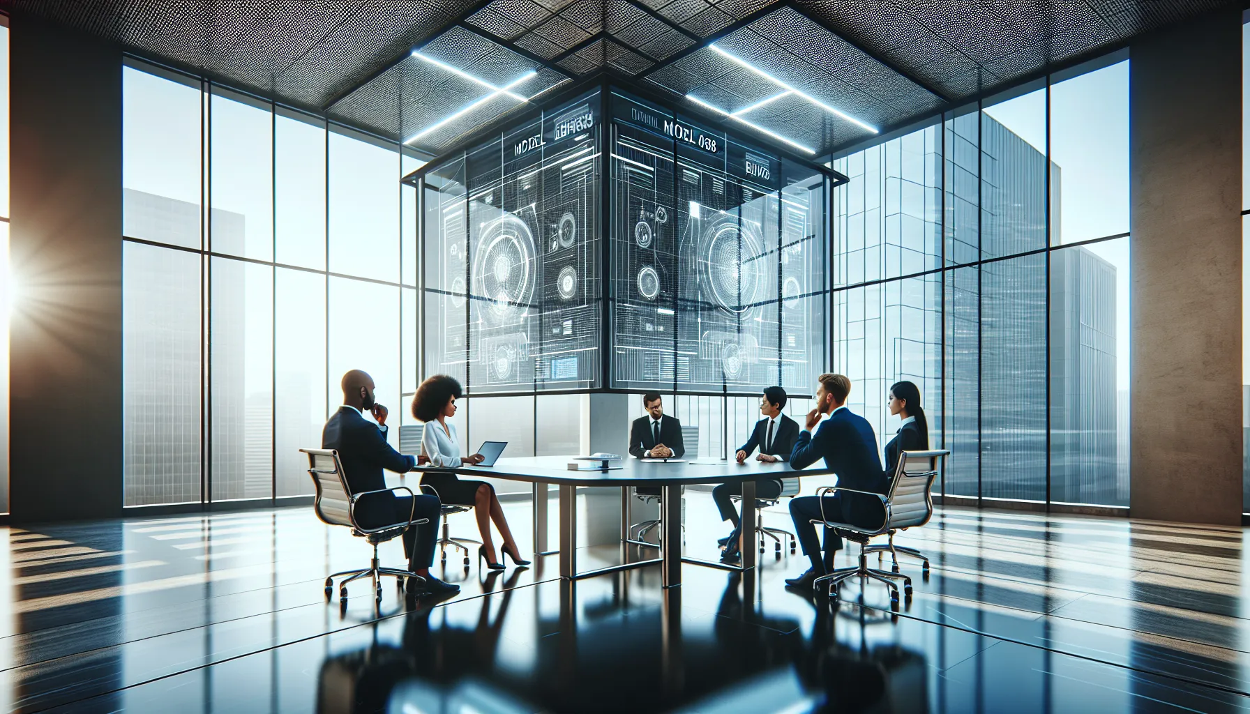 diverse team discussing the 4bv085 model in a modern office.