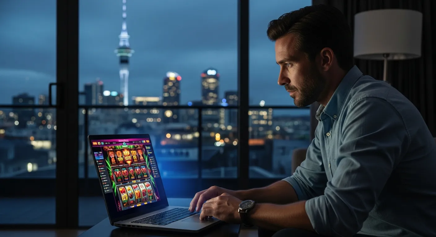 A man in an Auckland apartment playing online casino games on a laptop at night.