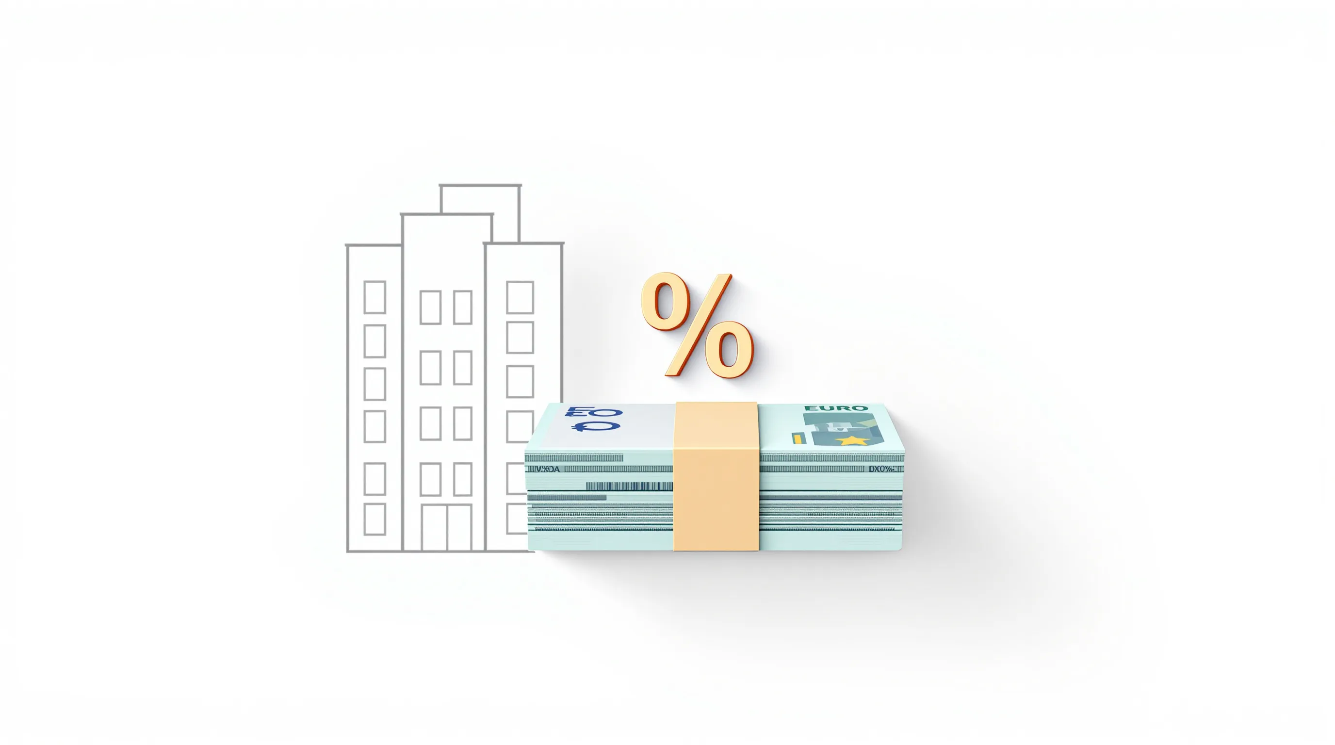 Minimalist illustration of apartment building, euro notes, and percentage symbol on white background.