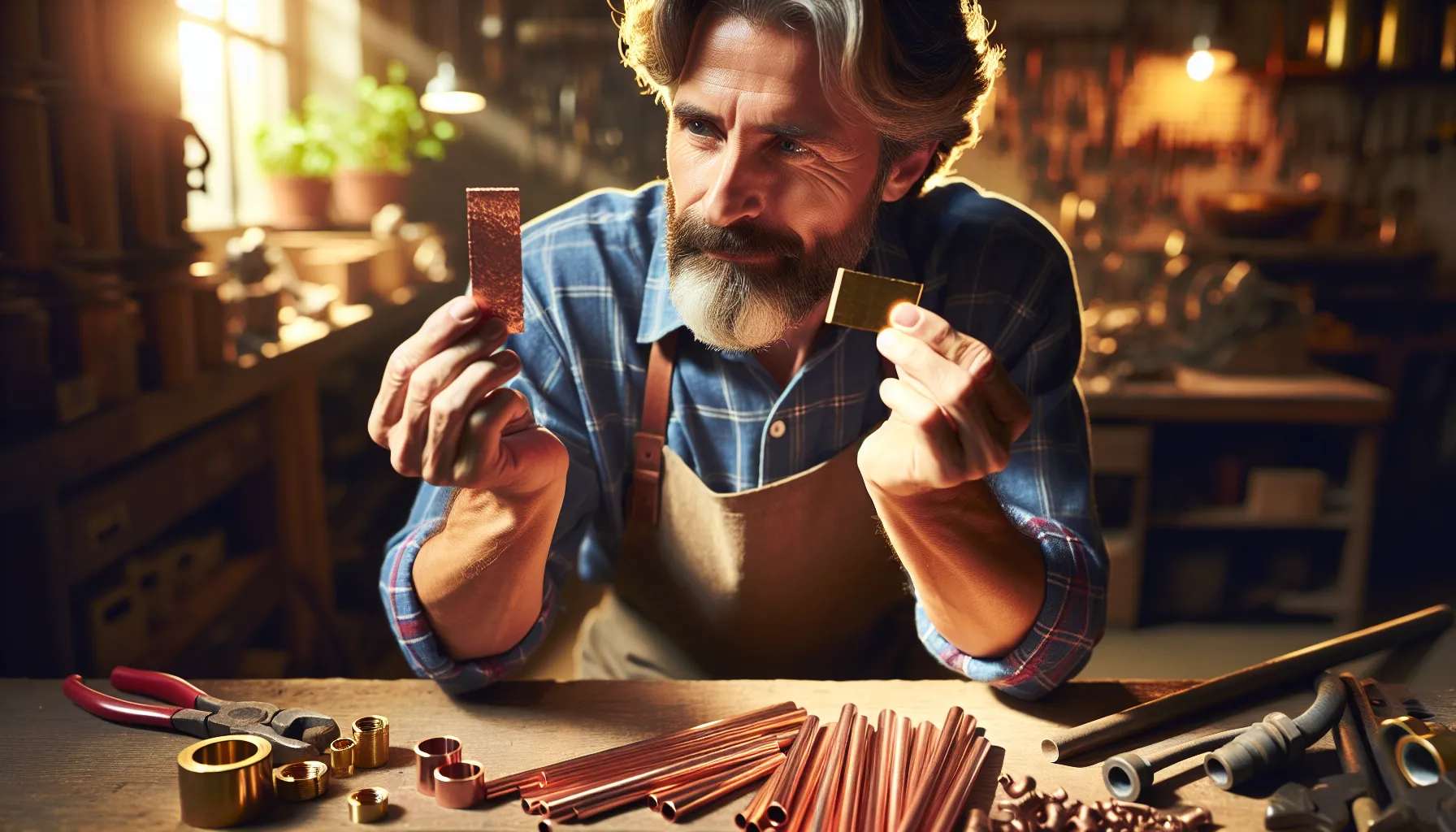 a man comparing brass and copper metals in a workshop.
