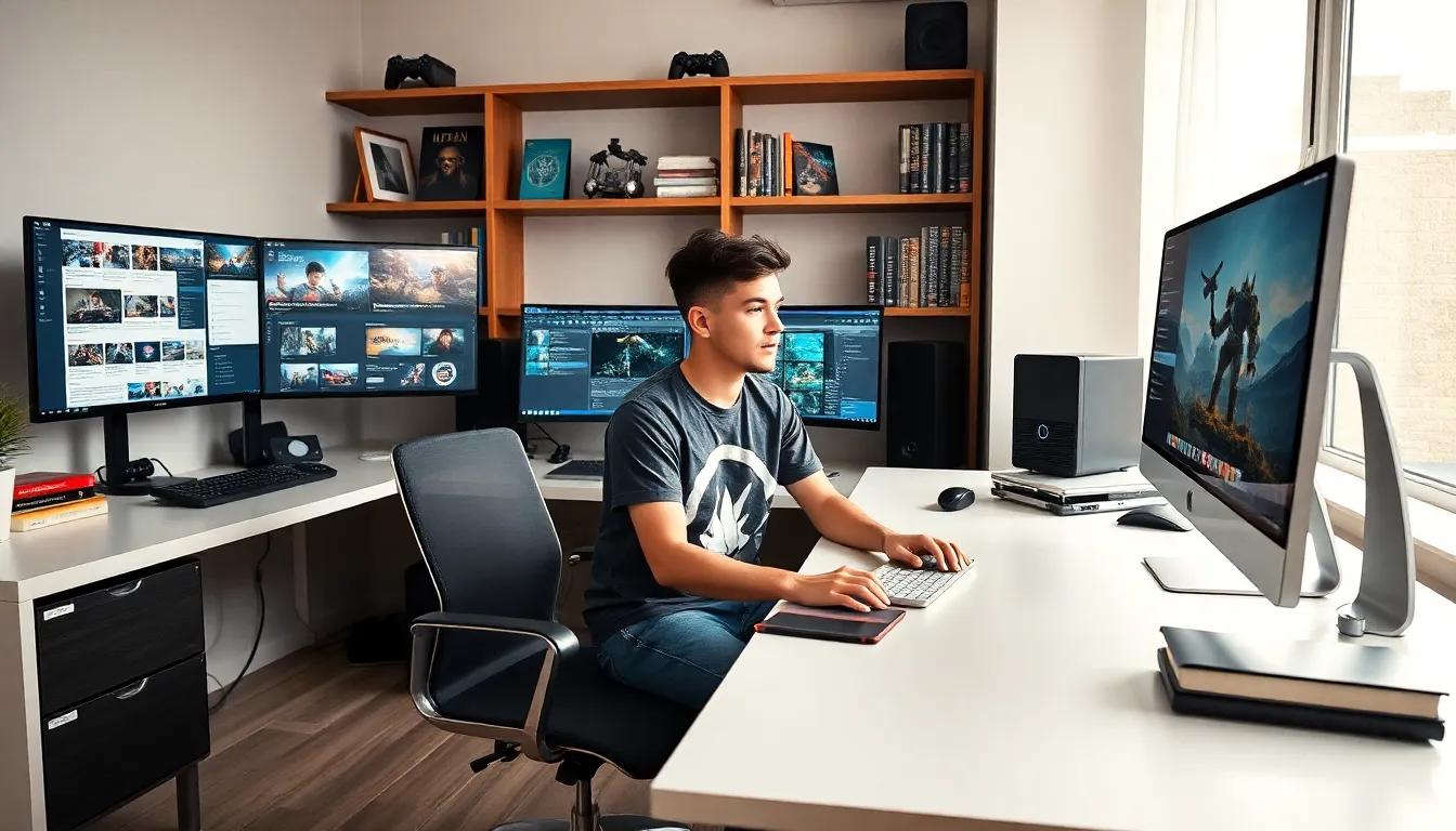 Young editor working in a modern office, surrounded by gaming elements.