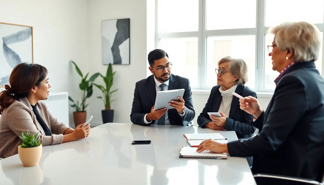 diverse professionals engaged in executive coaching session in a modern office.
