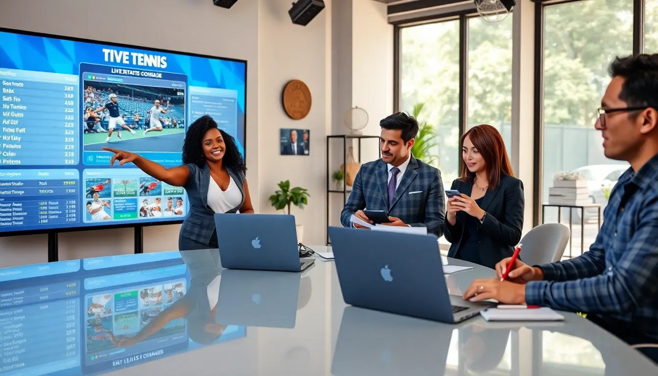 diverse sports journalists discussing tennis coverage in a modern newsroom.