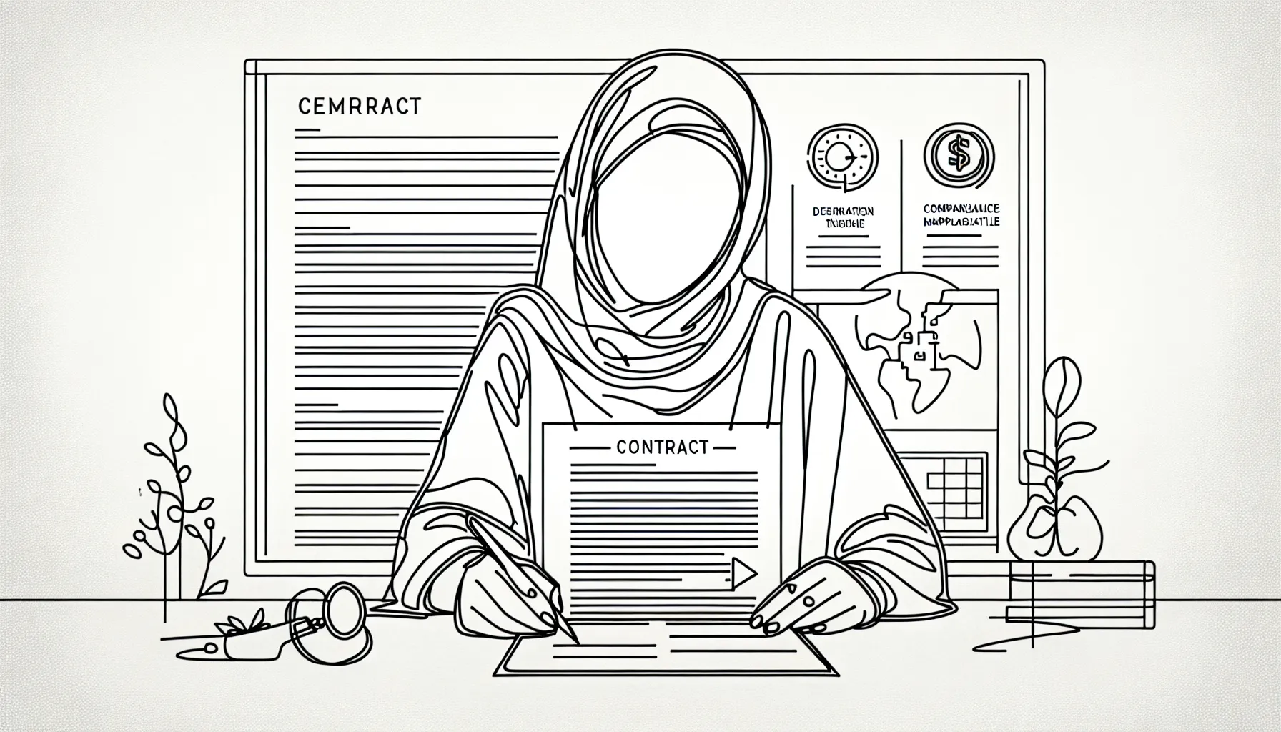 A vet examining a contract with icons for scope, duration, pay, and malpractice.