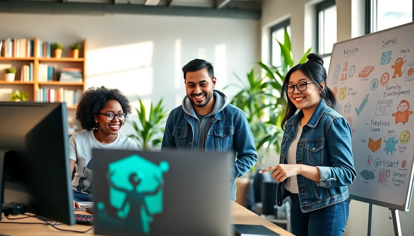 A diverse group of game developers collaborating in a modern workspace.