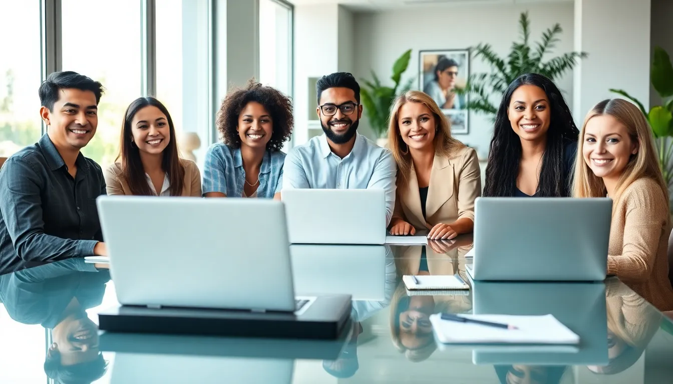 diverse professionals connecting through video call in a modern office.