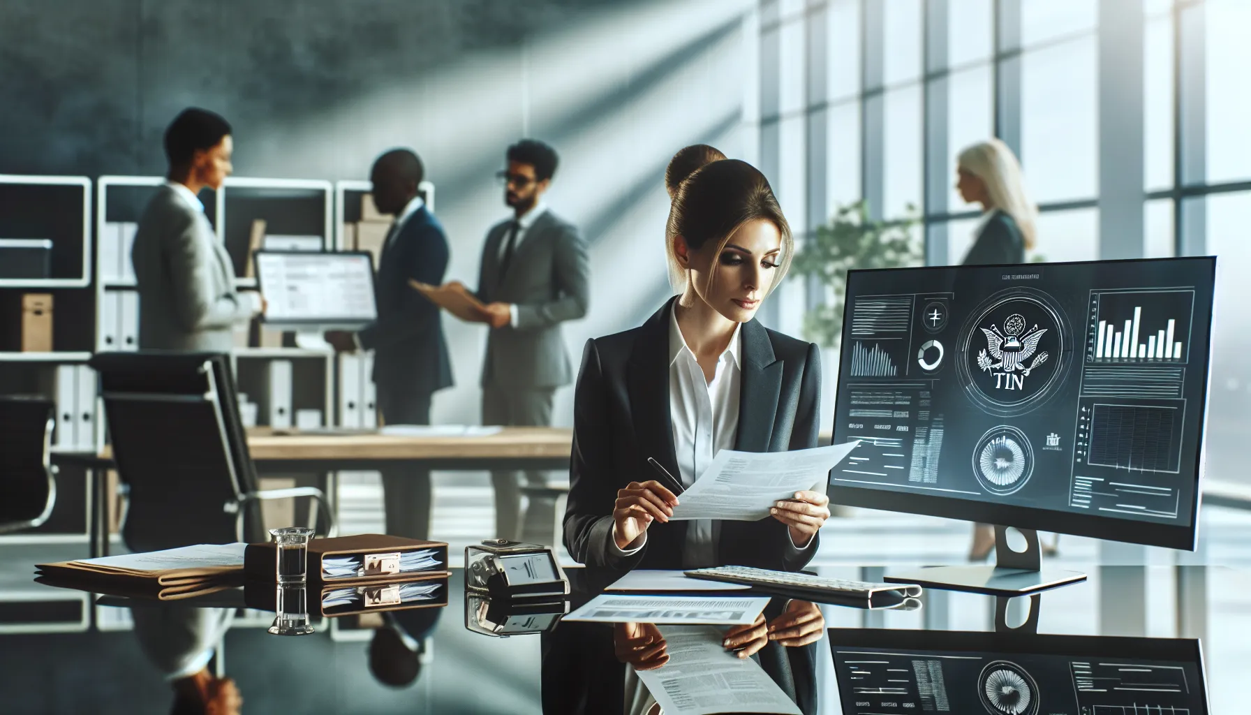 business professional reviewing documents related to tax identification numbers.