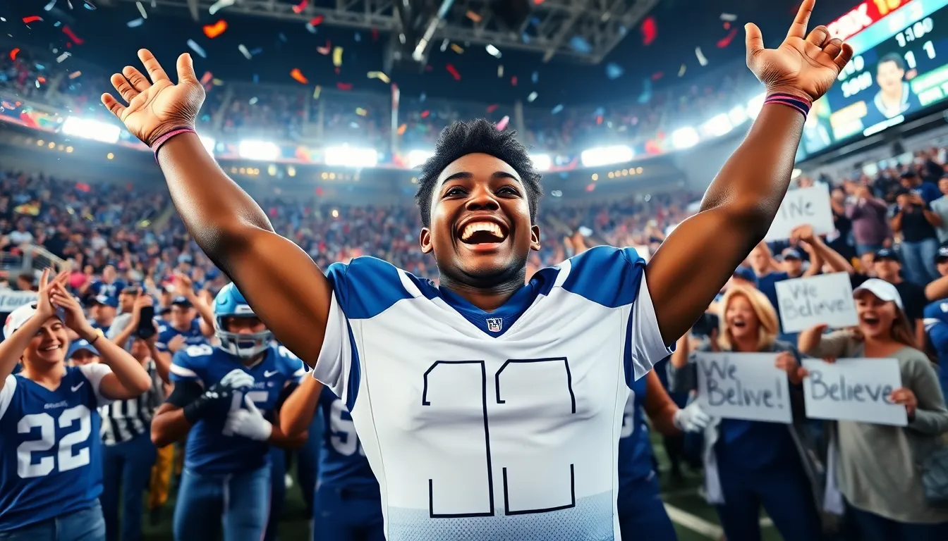a football team celebrating an unexpected victory in a packed stadium.