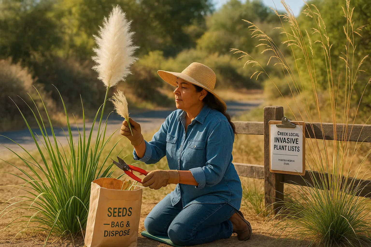 Gardener cutting a Pampas seed head into a bag beside Stipa gigantea alternative.