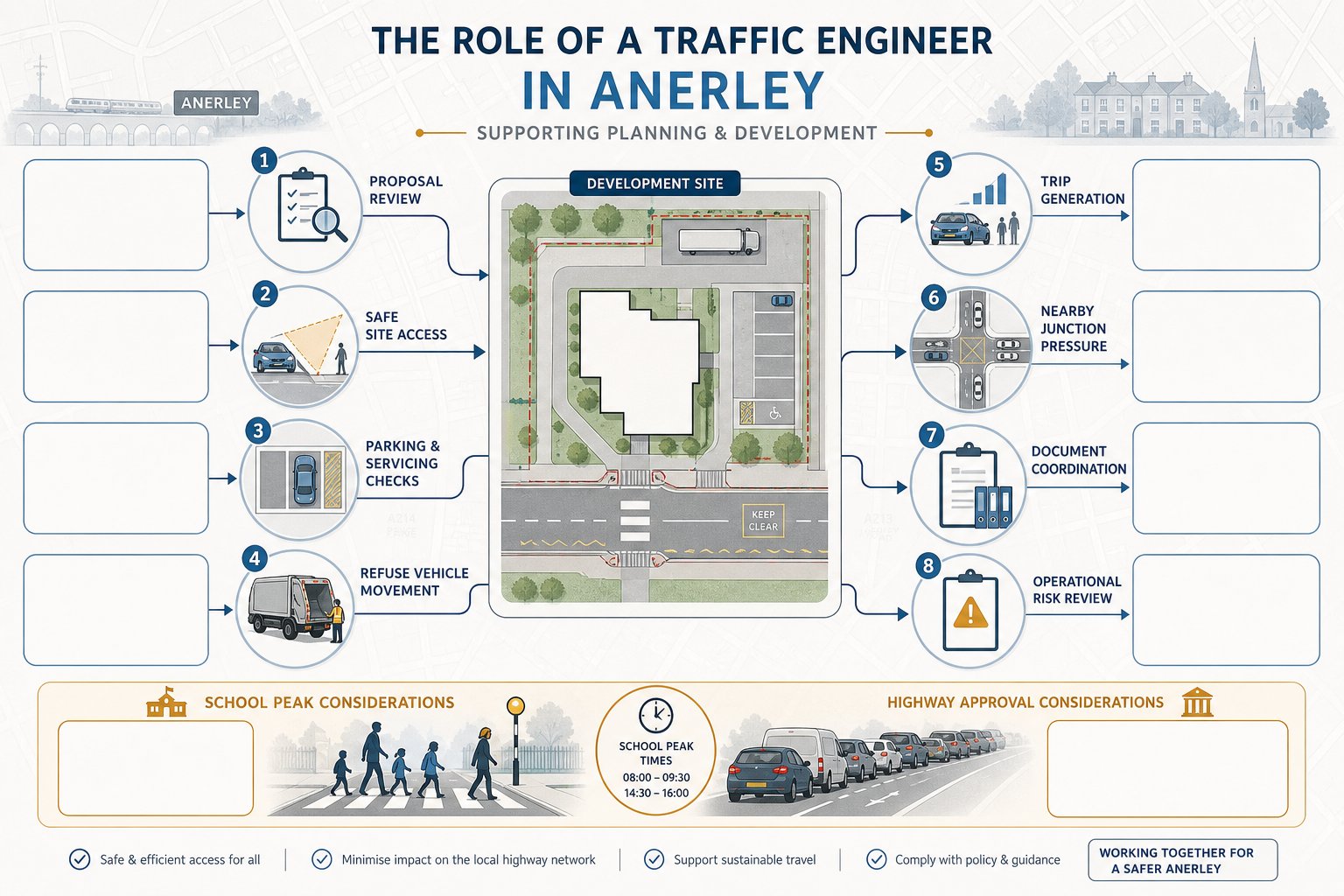 Infographic of a traffic engineer’s planning checks for an Anerley development site.