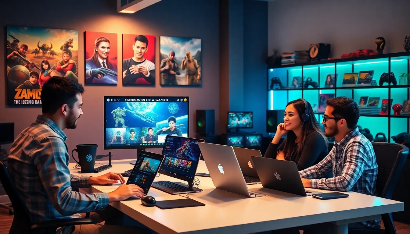 diverse group of gamers discussing at a modern workstation.