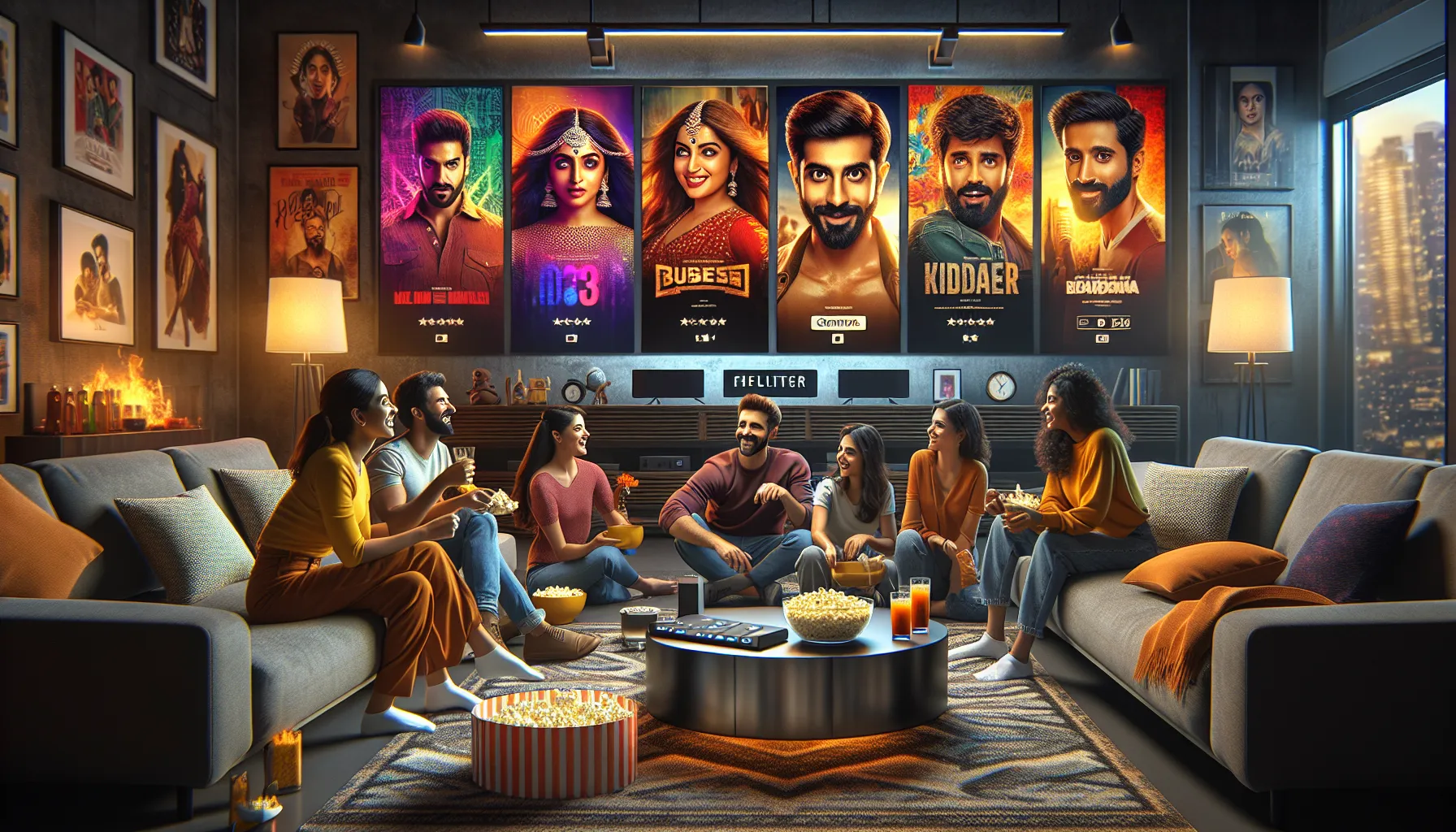 diverse friends in a modern home theater enjoying South Indian movies.