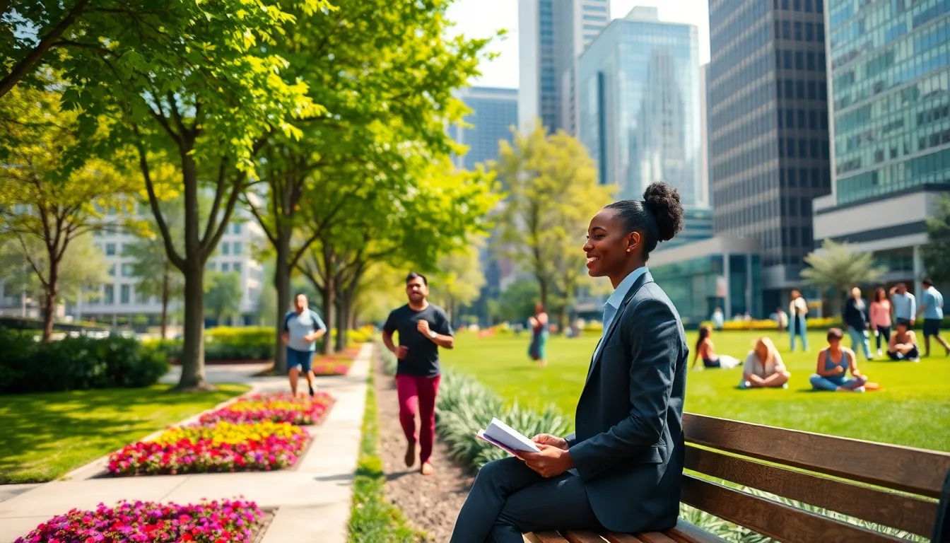 diverse people enjoying an urban park in a city setting.