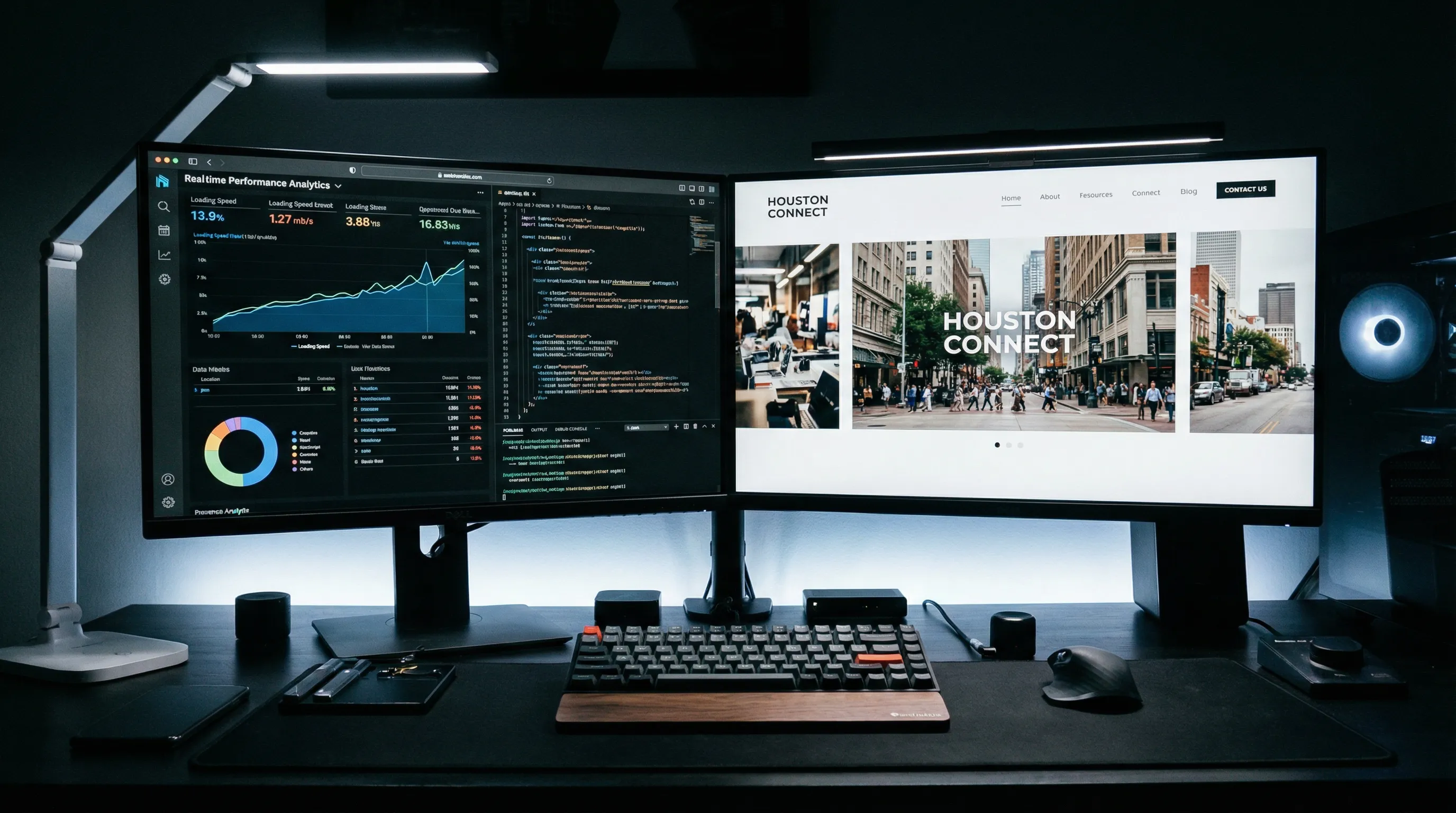 Developer workstation showing website speed analytics and a clean, fast-loading business homepage on dual monitors.