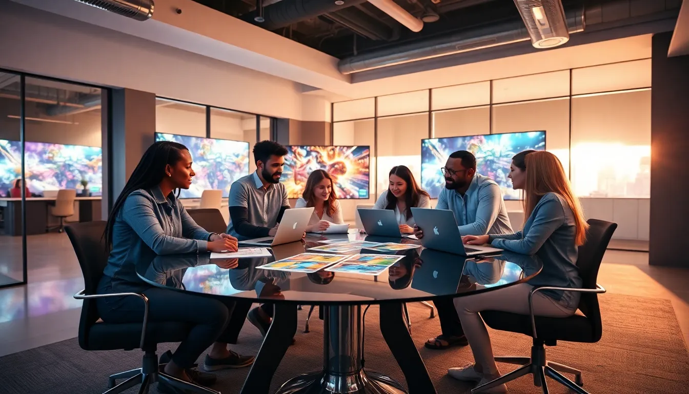 diverse team brainstorming in a modern gaming office.