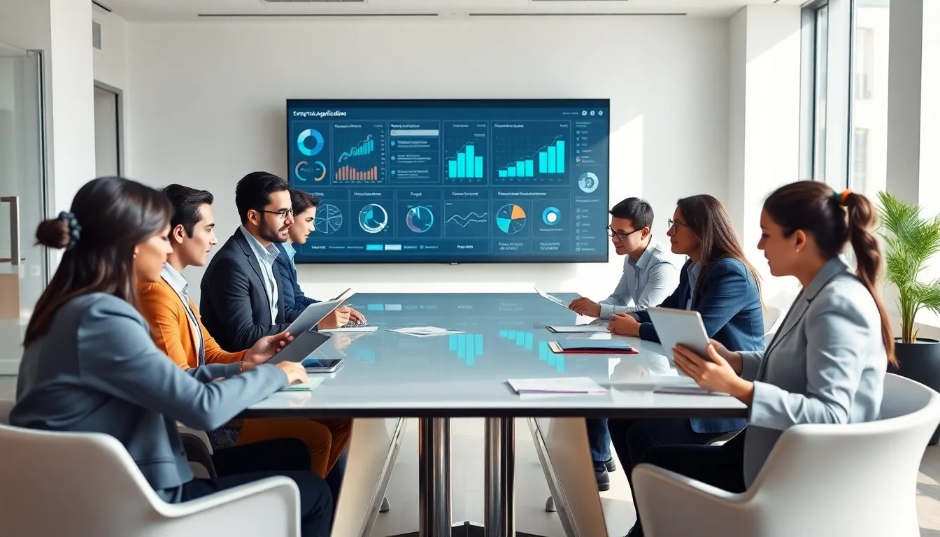 diverse team collaborating on enterprise application software in a modern office.