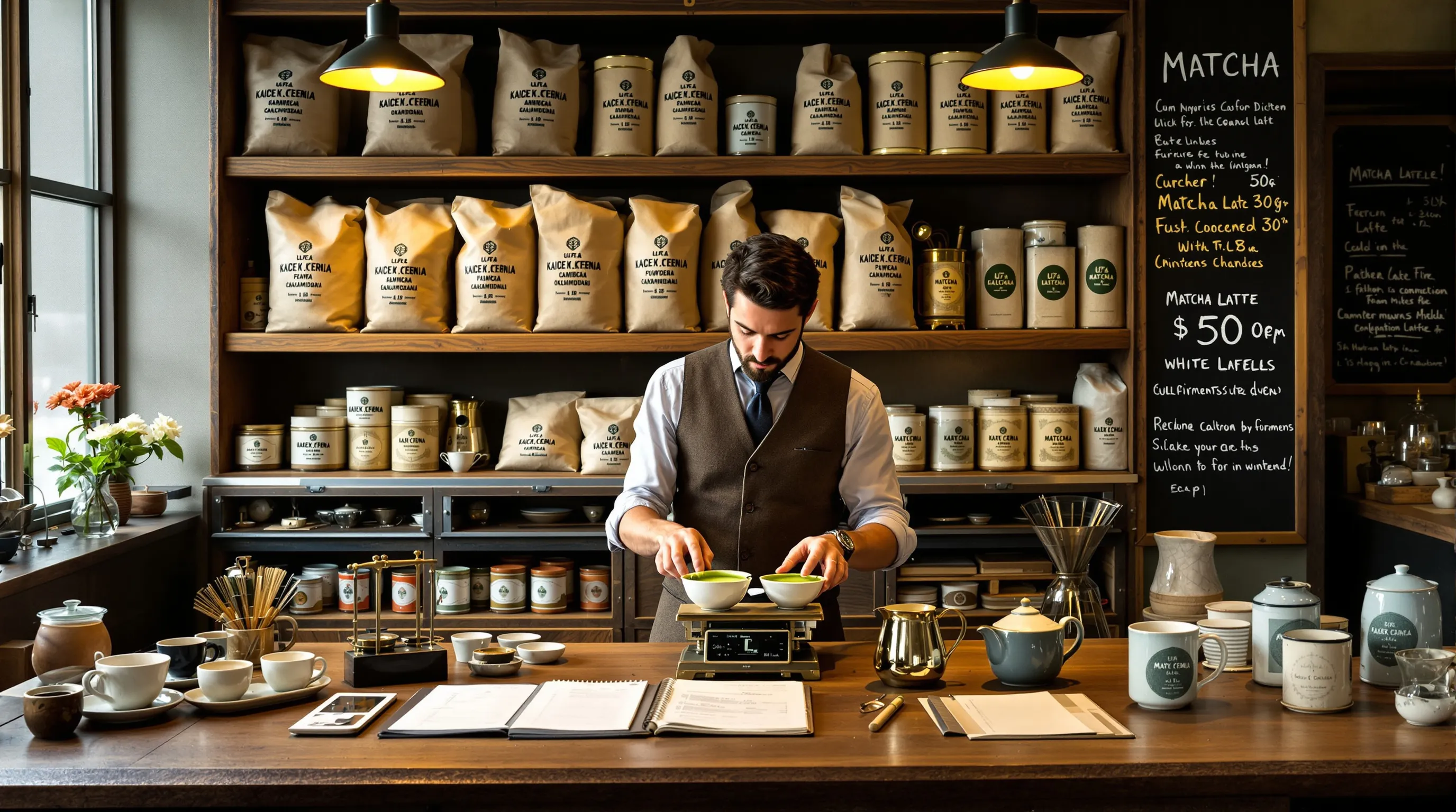 1950s UK café owner weighing matcha, tins and bulk bags on shelves.