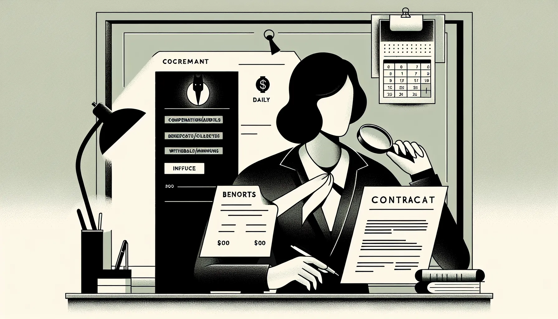Dentist examining a contract with magnifying glass and documents about pay and audits.