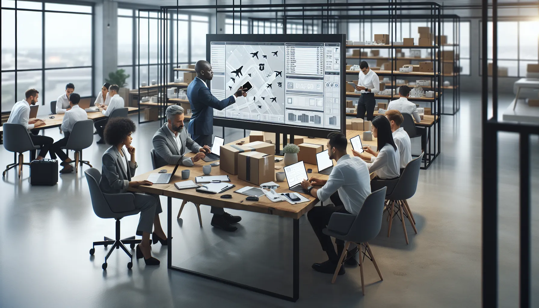 diverse team collaborating on shipment tendering in a modern office.