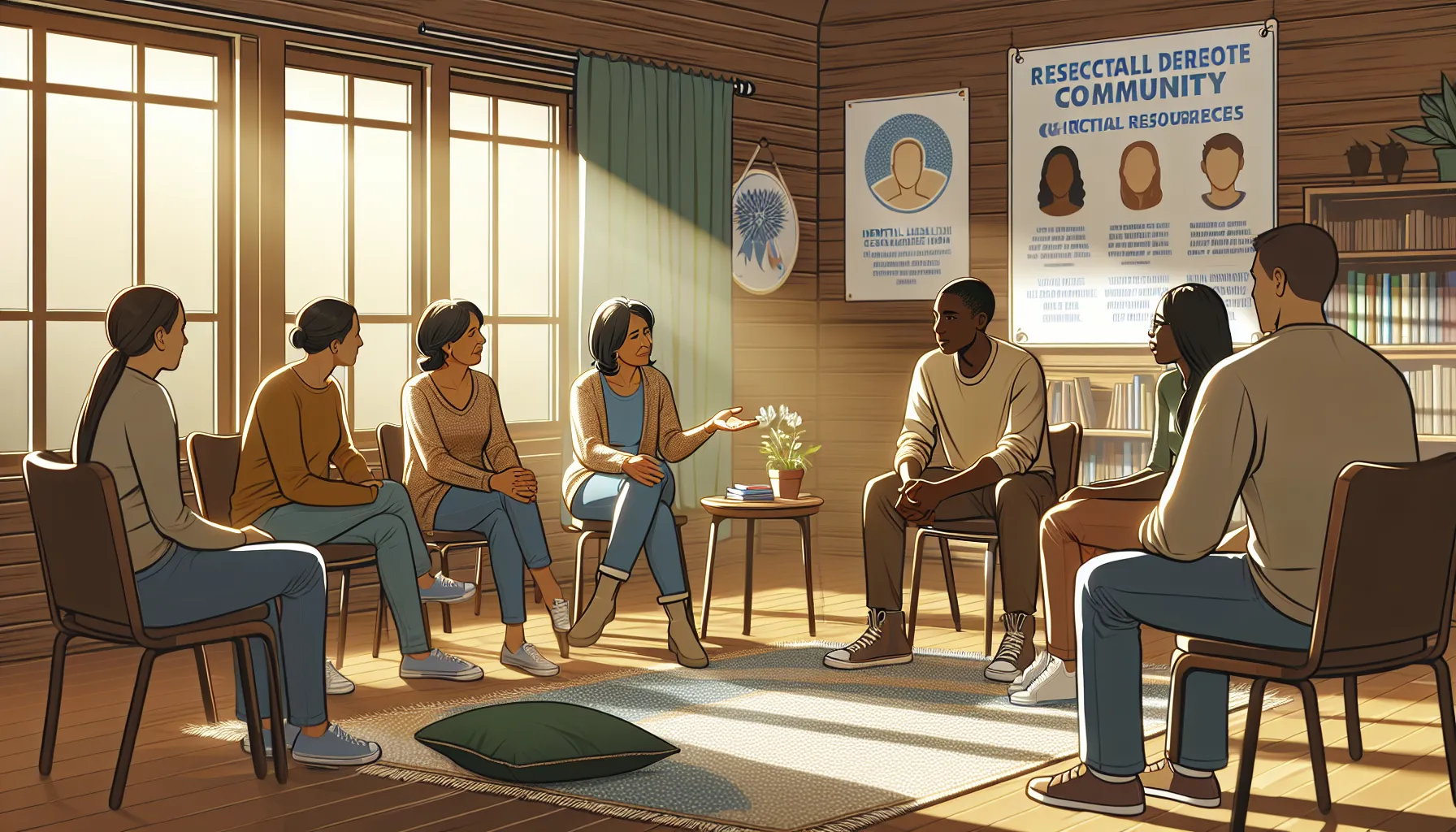 a supportive community meeting for emotional recovery in a cozy setting.
