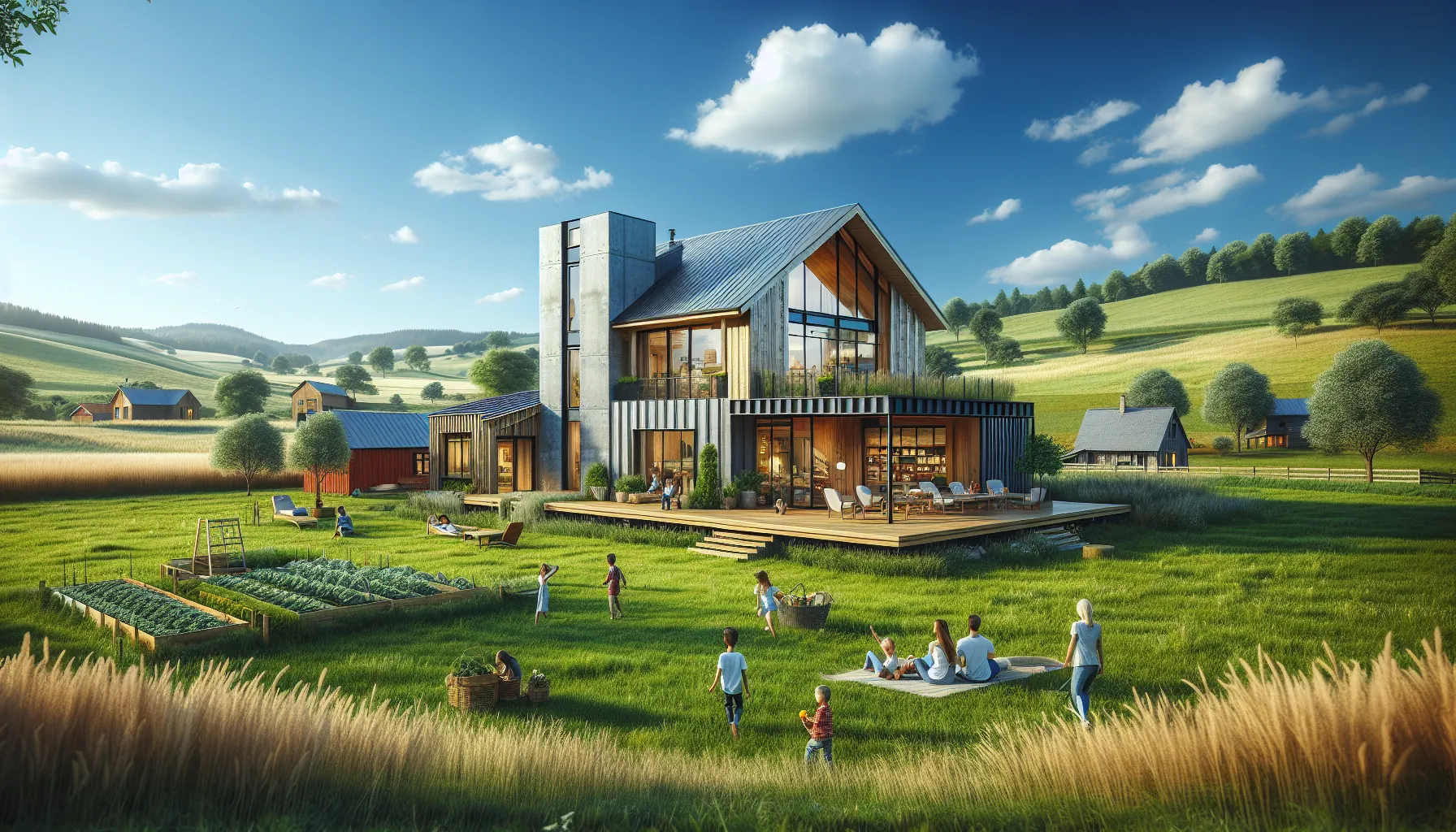 Modern barnemium home surrounded by a family in a rural setting.