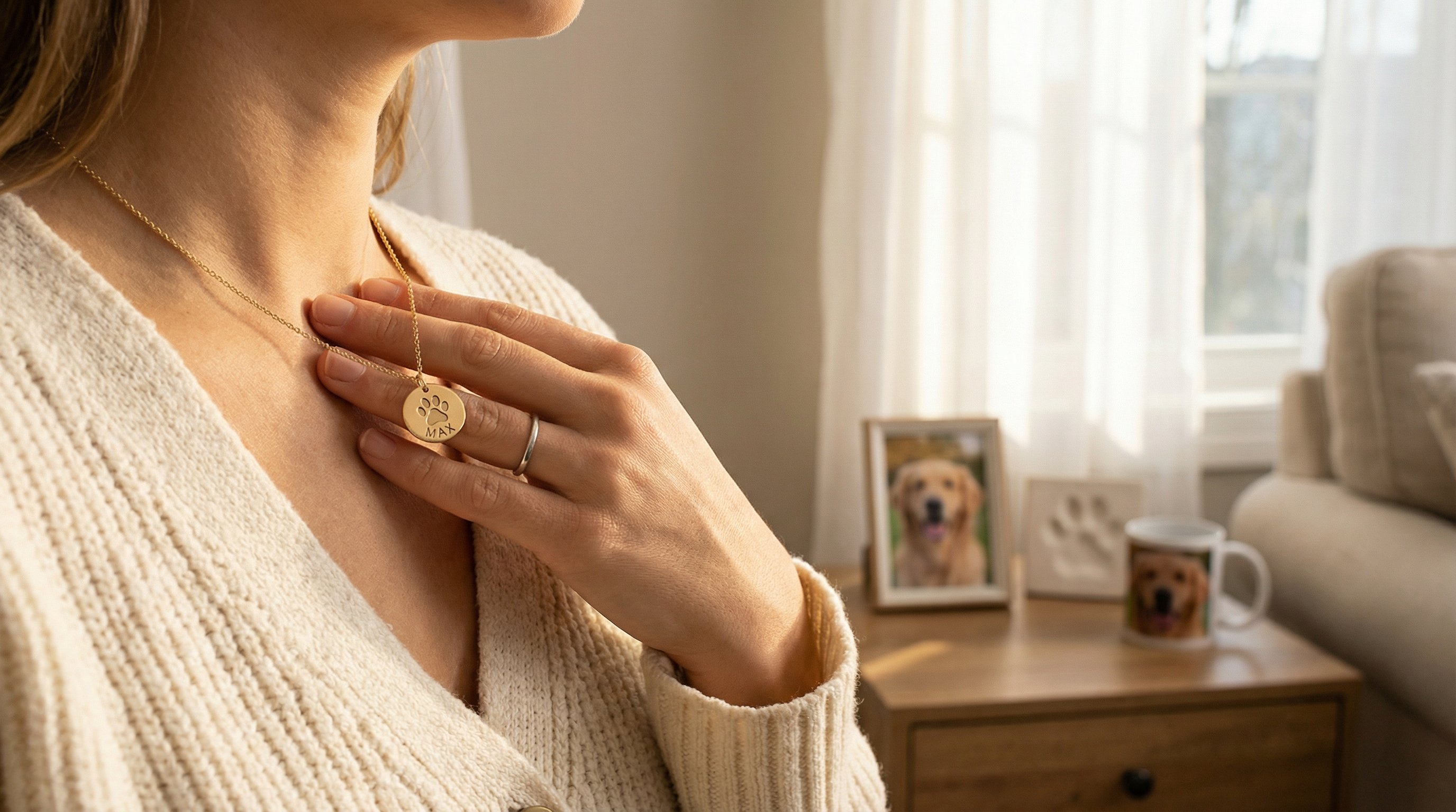 Woman touching a personalized paw print memorial pendant necklace in soft light.