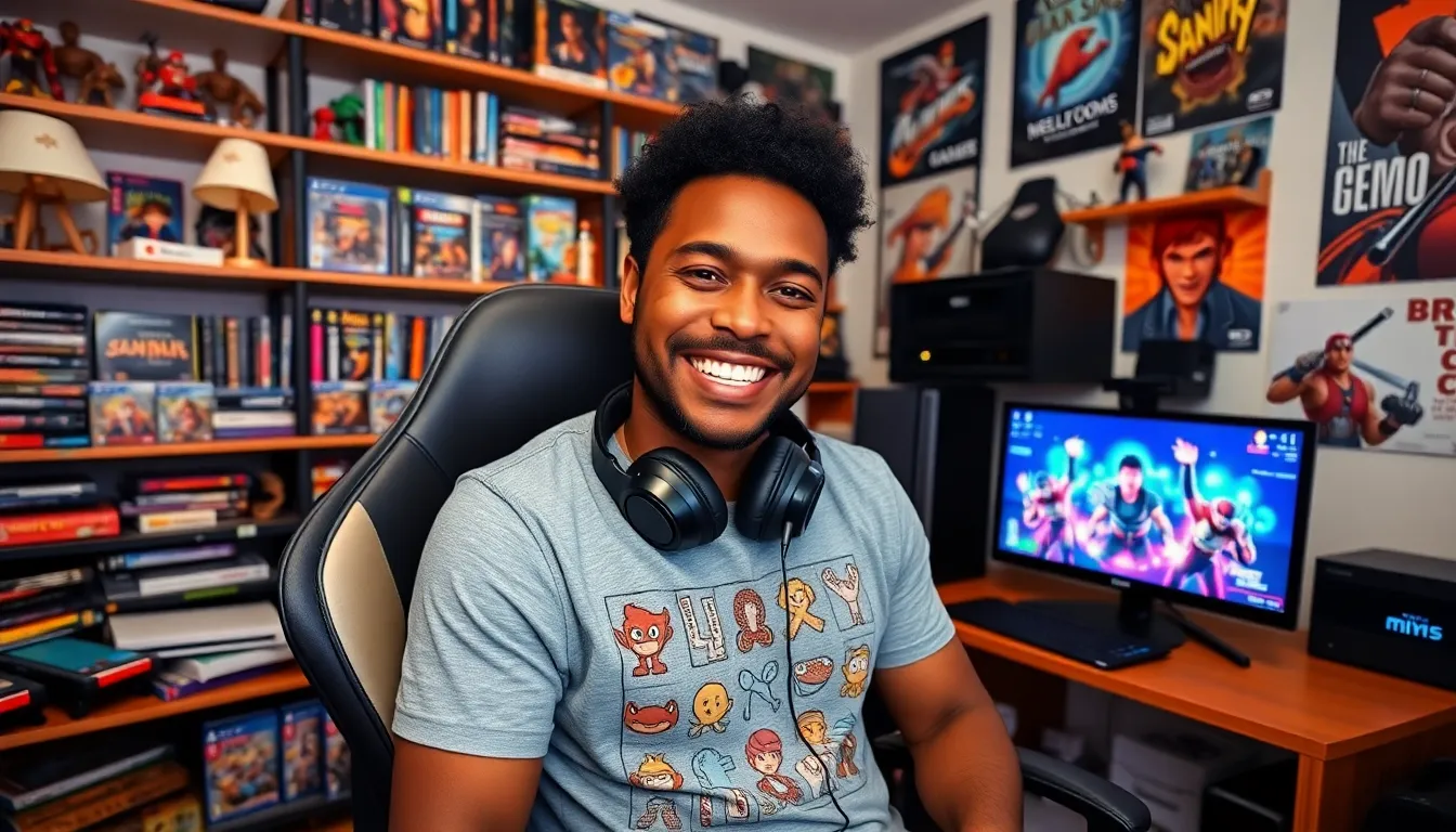 Larry Nando in a gaming studio, engaging with his audience.
