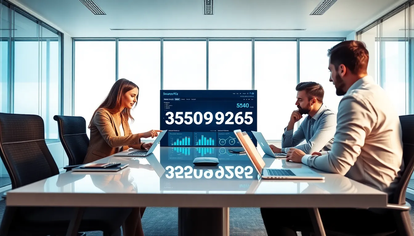 team discussing a digital dashboard in a modern office.