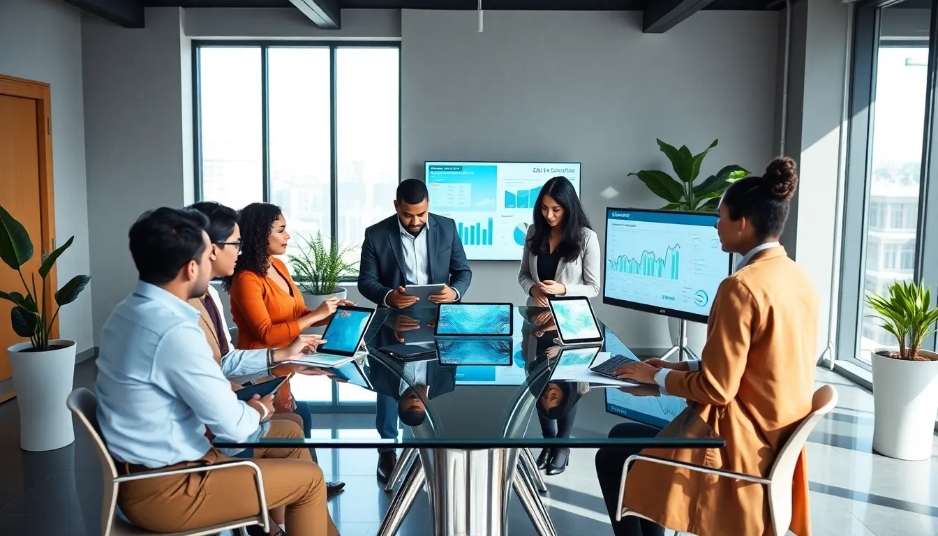 diverse team collaborating on data analysis in a modern office.