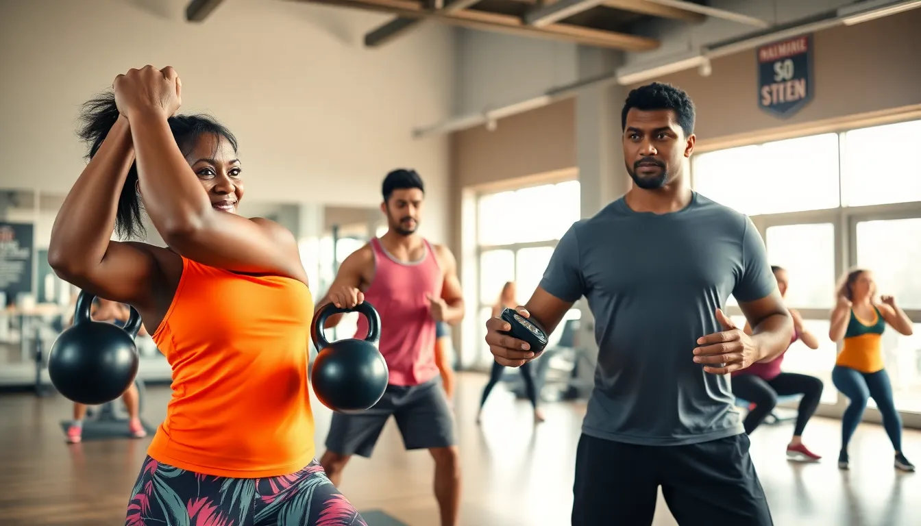 a diverse group performing HIIT exercises in a bright gym setting.