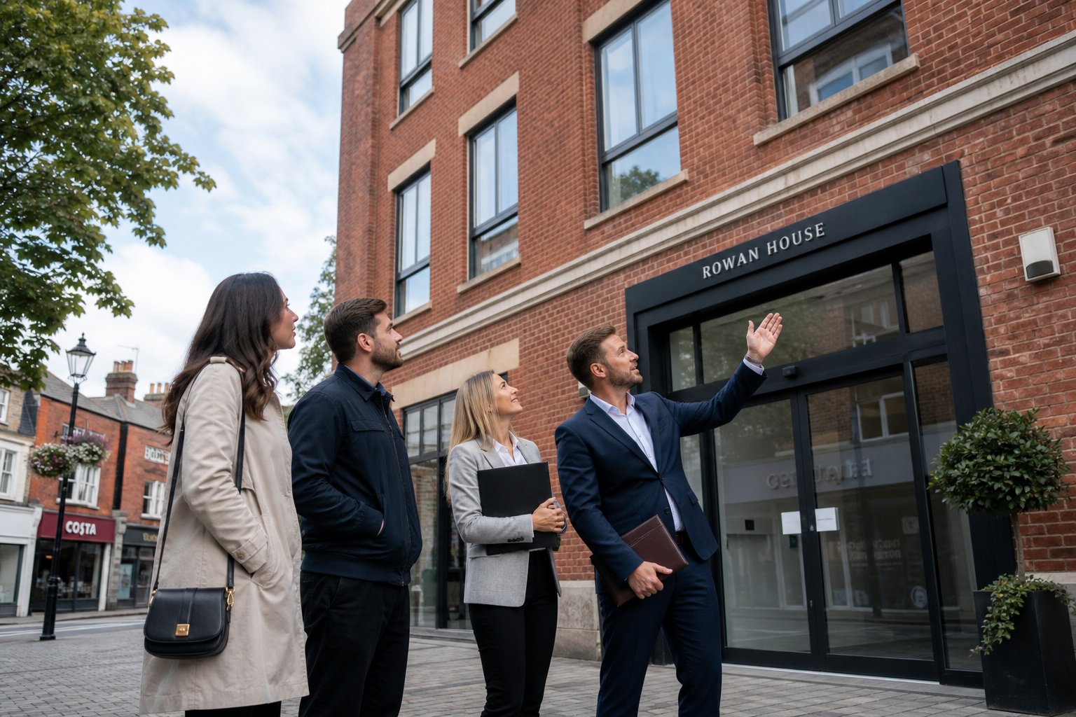 Business partners and advisor standing outside a brick office building in a town-centre setting.