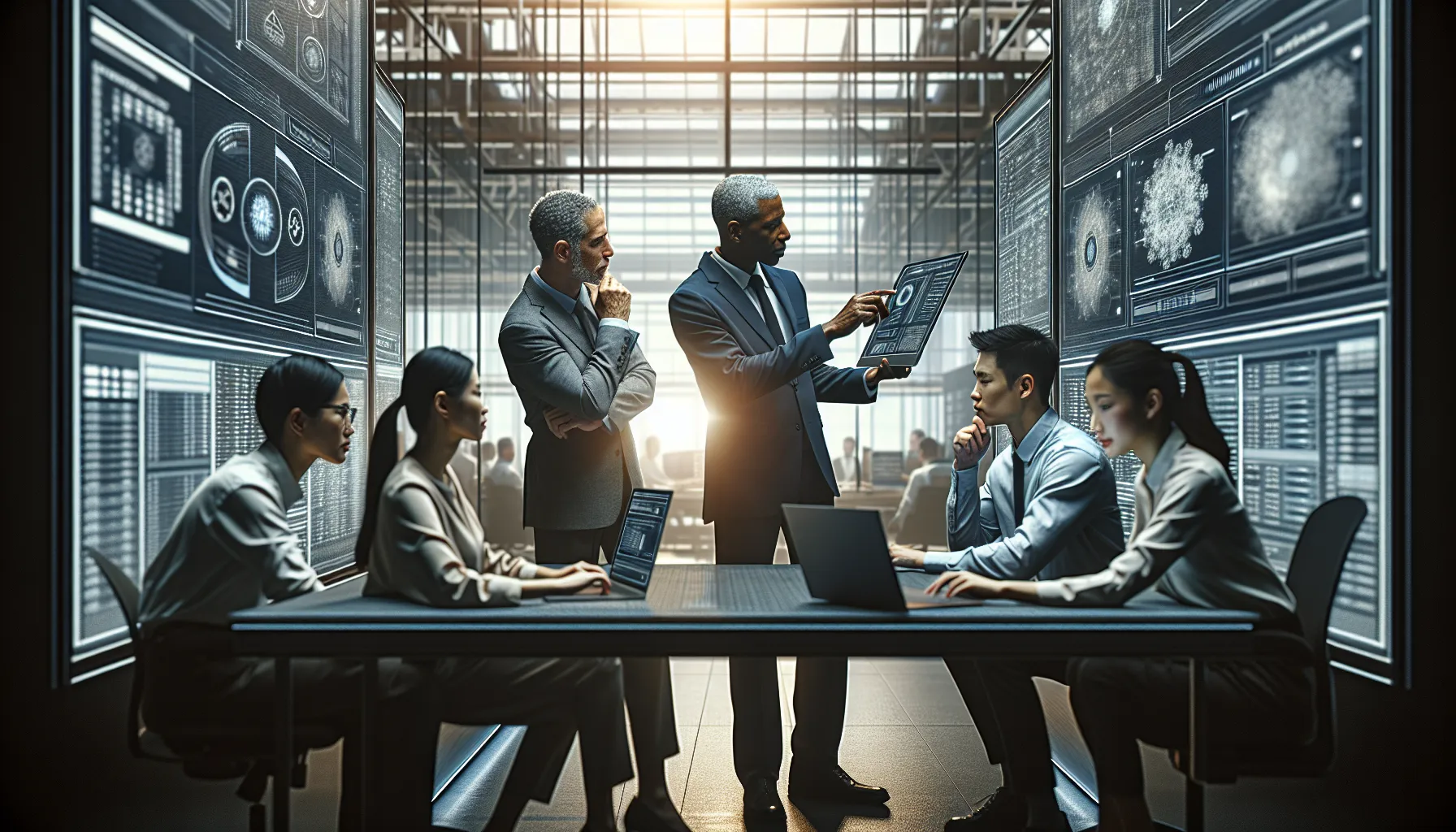 IT professionals discussing software patches in a modern office.