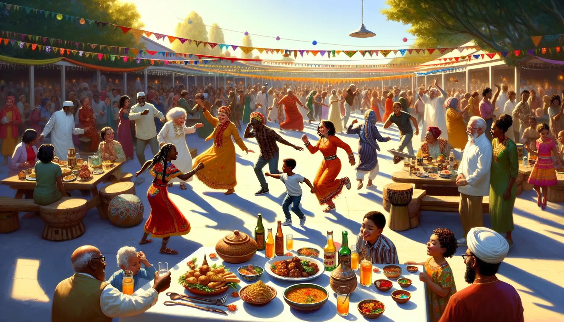 diverse community celebrating Qpibandee with music and crafts outdoors.