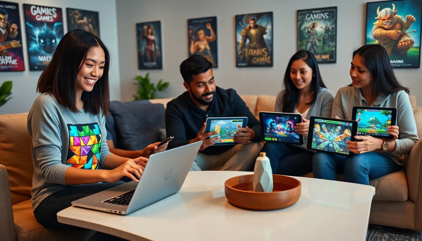 a diverse group of young gamers enjoying games on various devices.