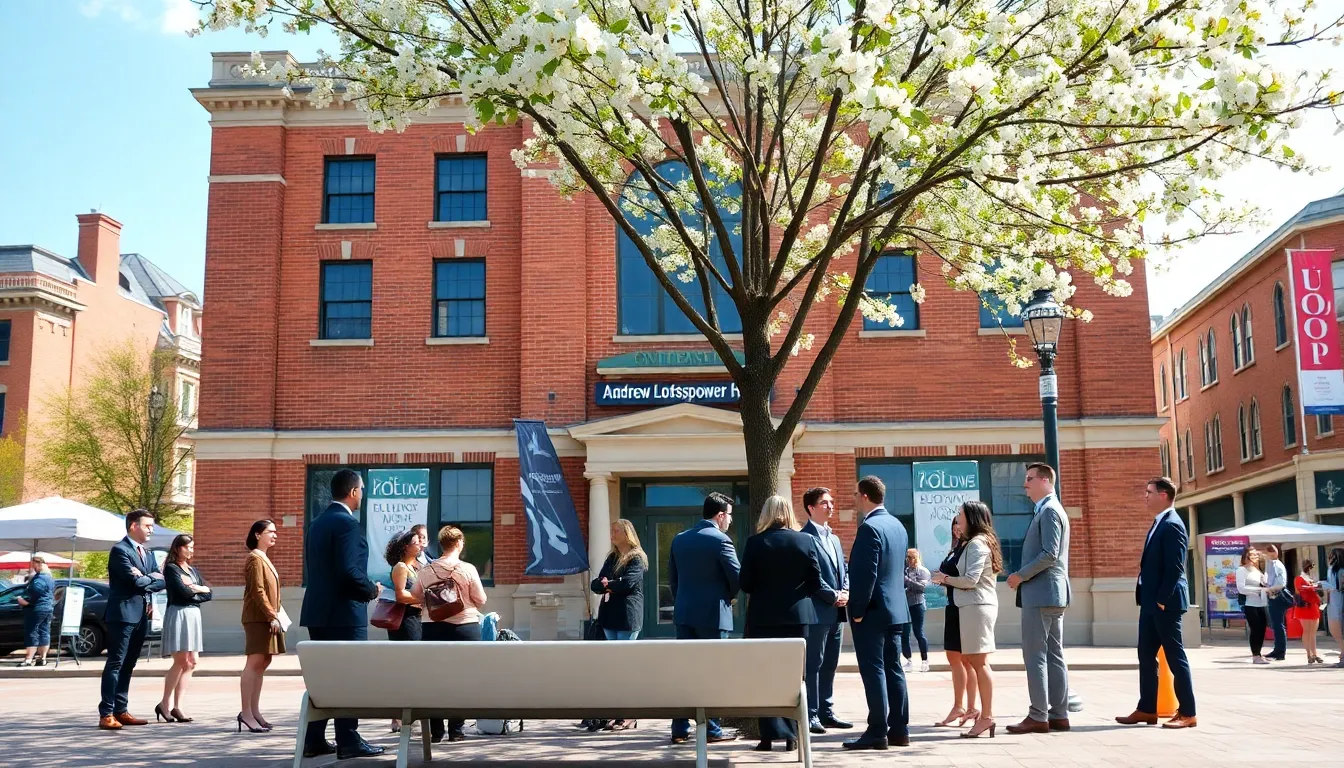 busy community gathering outside Andrew Lotsofpower Hall.