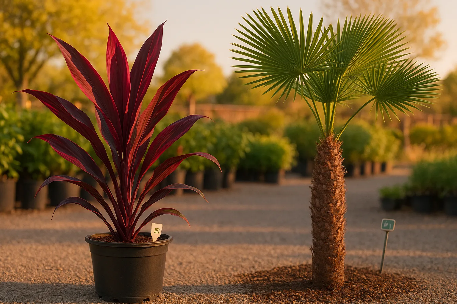 Cordyline with burgundy leaves beside a young windmill palm in a U.S. nursery garden.