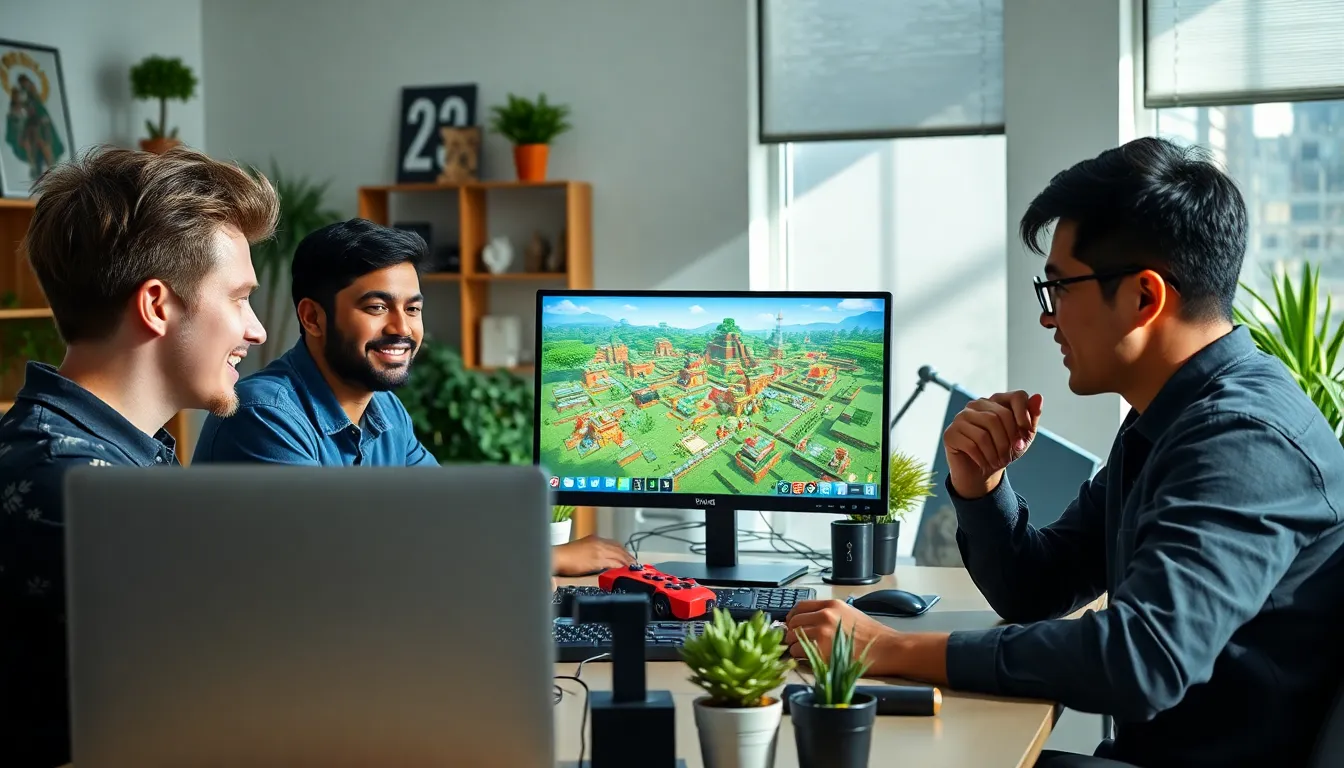 diverse group of players collaborating in a modern gaming setup.